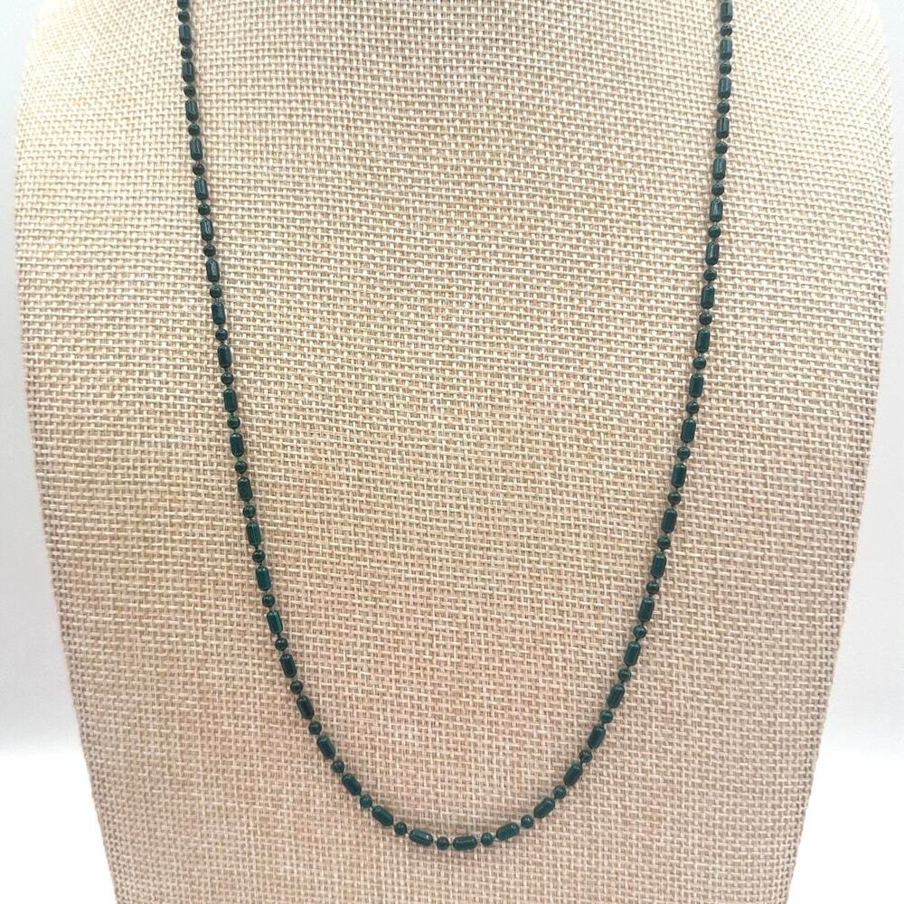 Vintage 50s Dark Green Glass Bead Strand Necklace Spring Ring Clasp Jewelry Boho